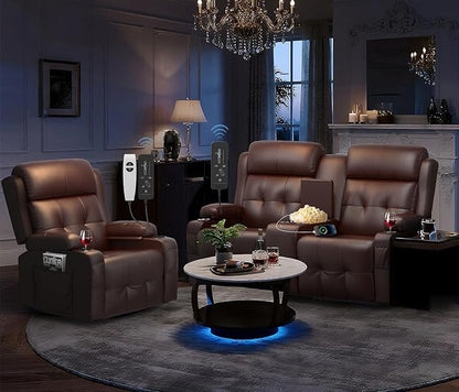 Recliner Sofa Set, Home Theater Seating with Massage, Loveseat Recliner Couch and Recliner Single Chair with USB, Wall Hugger Reclining Movie Theater Chair with Cup Holders, Drawer for Gaming Room