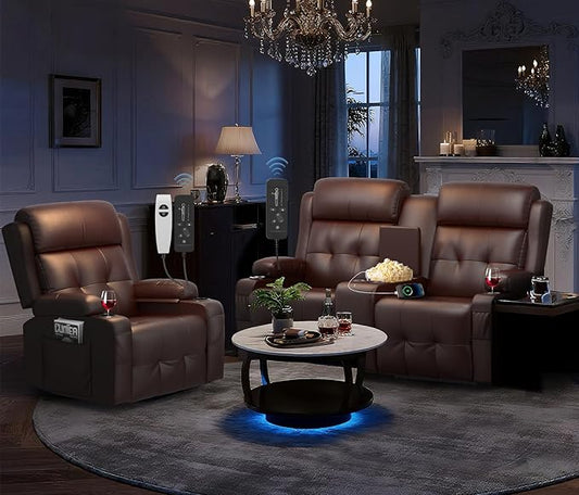 Recliner Sofa Set, Home Theater Seating with Massage, Loveseat Recliner Couch and Recliner Single Chair with USB, Wall Hugger Reclining Movie Theater Chair with Cup Holders, Drawer for Gaming Room