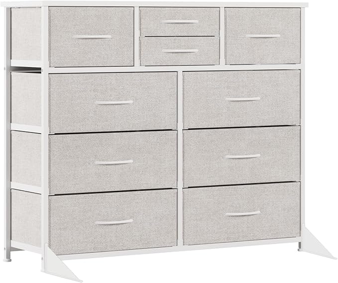 LUMTOK 10-Drawer Dresser, Fabric Storage Tower with Drawers for Bedroom, Dresser Drawer with Handle for Bedroom, Living Room, Hallway, Closets & Nurseryteel Frame, Wood Top (Light Grey)