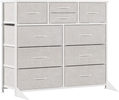 LUMTOK 10-Drawer Dresser, Fabric Storage Tower with Drawers for Bedroom, Dresser Drawer with Handle for Bedroom, Living Room, Hallway, Closets & Nurseryteel Frame, Wood Top (Light Grey)