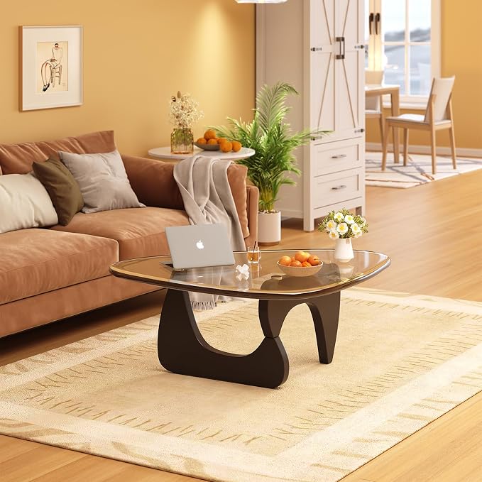Coffee Table for Living Room Mid Century Modern Center Small Table with Glass Top and Wood, Black Transparent(32 Inch)