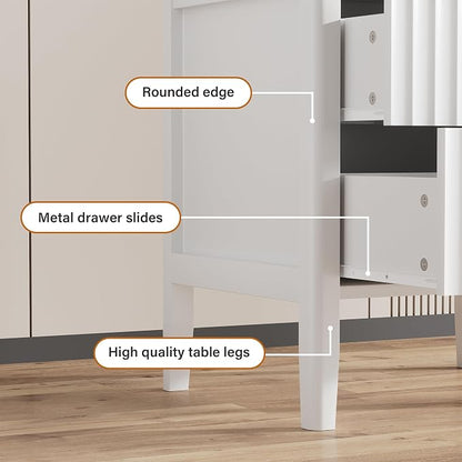 Furniway Nightstand Set of 2, Modern End Table with Solid Wood Legs, Bedside Table with 2 Drawers and Metal Handles for Bedroom, White
