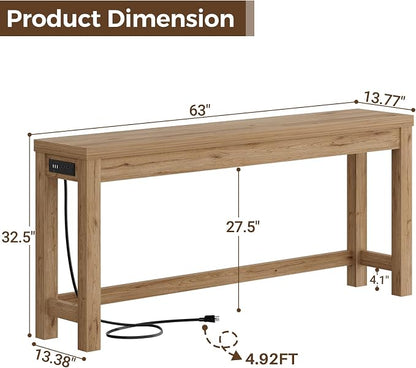 Cyclysio 63" Console Table with Charging Station, 13.8" Deep Farmhouse Sofa Table Behind Couch with 2 AC Outlets & 3 USB Ports, Long Entryway TV Console or Home Office Desk, Natural Oak