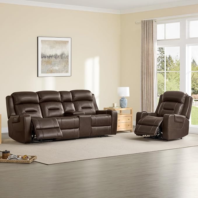 Watson & Whitely Genuine Leather Power Recliner Chairs for Adults, Lay Flat Recliner with Power Headrest, USB Ports and Cup Holders, Electric Reclining Sofa for Living Room, Bedroom, Dark Brown