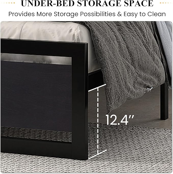 SHA CERLIN Heavy Duty Queen Size Bed Frame with Modern Headboard，Black | Platform Metal Base with Square Footboard and 13 Strong Slats Support, No Box Spring Needed