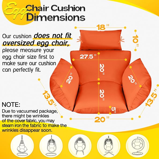 MAGIC ELEPHANT Egg Chair Cushion, Memory Foam Indoor Outdoor Hanging Egg Chair Cushion Replacement, Patio Basket Swing Cushion with Headrest (Orange)