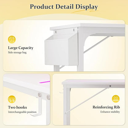 DurayLoly 71" Computer Desk LED Lights, Large Office Desk for 3 Monitors or 2 laptops,Long Desk with Storage Bag&Headphone Hook for Study Writing Work Gaming Desk,Sturdy Metal Frame,Bedroom,White