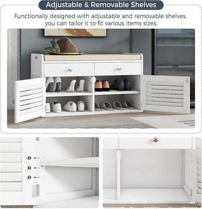 WARMHONIU Shoe Storage Bench with 2 Drawers, Entryway Bench with Cushion, Adjustable Shelves, Shoe Rack Bench with Louvered Doors for Entryway, Bedroom, Hallway, White