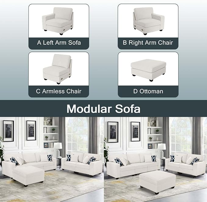 Legend Vansen Oversized Modular Sectional Sofa,U/L‑Shaped Reversible Couch with Ottoman,Deep Seat Plush Polyester Sofa for Living Room,6‑Seater,Cream