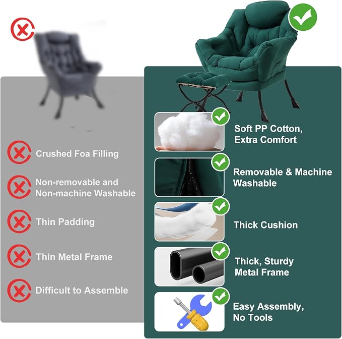Furlide Lazy Chair with Ottoman, Modern Accent Chair with Armrests and a Side Pocket, Dark Green Accent Chairs, Reading Chairs, Oversized Armchairs for Bedroom, Study, Living Room, Courtyard