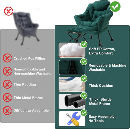 Furlide Lazy Chair with Ottoman, Modern Accent Chair with Armrests and a Side Pocket, Dark Green Accent Chairs, Reading Chairs, Oversized Armchairs for Bedroom, Study, Living Room, Courtyard
