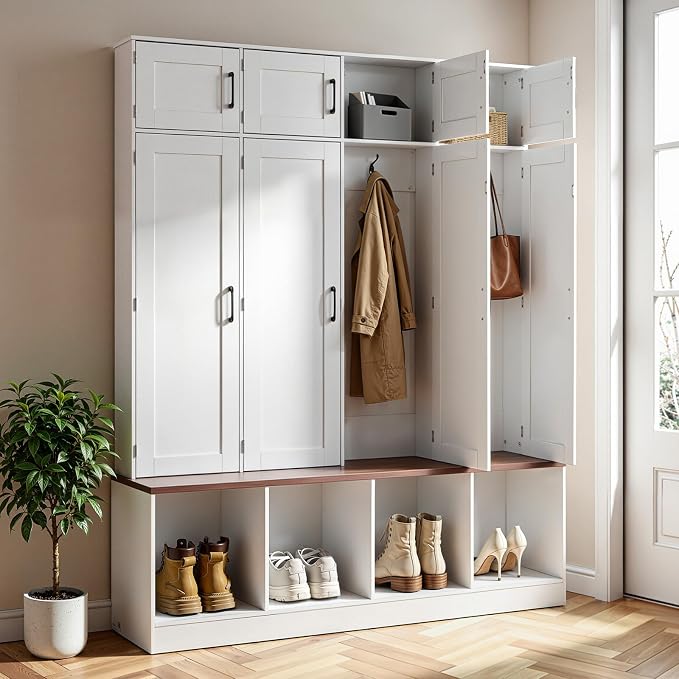 VEVOR Hall Tree with Bench and Shoe Storage, 59" Wide, 4-in-1 Entryway Hall Tree with Bench, Hanging Hooks, Storage Cabinet, and Shoe Cabinet, Wooden Furniture for Mudroom, Entryway, Hallway, White
