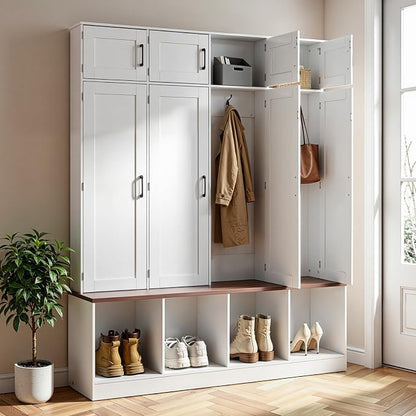 VEVOR Hall Tree with Bench and Shoe Storage, 59" Wide, 4-in-1 Entryway Hall Tree with Bench, Hanging Hooks, Storage Cabinet, and Shoe Cabinet, Wooden Furniture for Mudroom, Entryway, Hallway, White