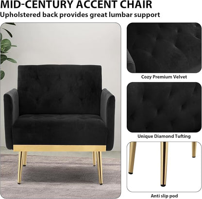 Black Accent Chair, Upholstered Velvet Armchair Comfy Modern Single Sofa Side Chair with arms and Metal Legs for Living Room Bedroom Reading