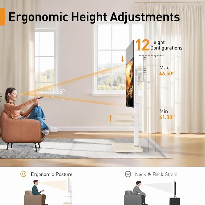 Perlegear Floor TV Stand with Power Outlet, Universal TV Stand for 32-75 inch TVs up to 110 lbs, Tall TV Mount for Bedroom with Shelf, Wood Base, Height Adjustable, Max VESA 600x400mm, White, PGFS06W