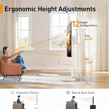 Perlegear Floor TV Stand with Power Outlet, Universal TV Stand for 32-75 inch TVs up to 110 lbs, Tall TV Mount for Bedroom with Shelf, Wood Base, Height Adjustable, Max VESA 600x400mm, White, PGFS06W