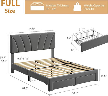 Garvee Full Size Bed Frame with 2 Storage Drawers & Adjustable Headboard, Velvet Upholstered Platform Full Bed Frame, Wooden Slats Support, No Box Spring Needed, Easy Assembly, Grey
