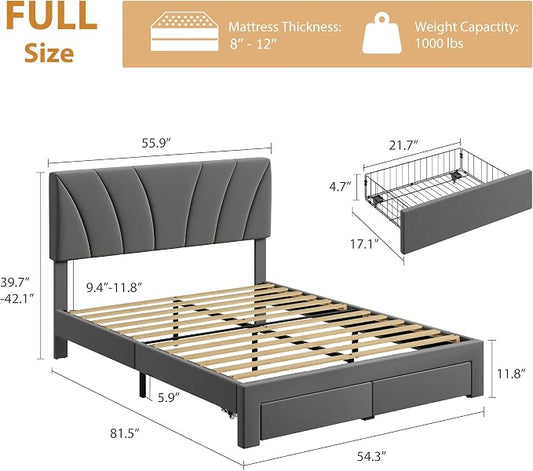 Garvee Full Size Bed Frame with 2 Storage Drawers & Adjustable Headboard, Velvet Upholstered Platform Full Bed Frame, Wooden Slats Support, No Box Spring Needed, Easy Assembly, Grey