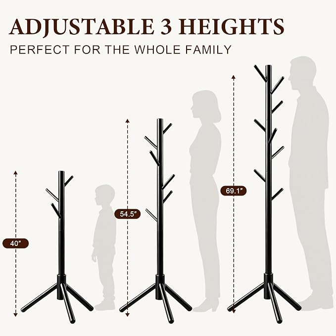 2 PC Wooden Coat Rack Freestanding with 8 Hooks & 3 Adjustable Sizes for Clothes, Space-Saving Design for Bedroom Office Entrance Holds Hats Coats Scarves Bags