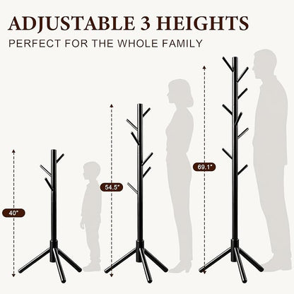 2 PC Wooden Coat Rack Freestanding with 8 Hooks & 3 Adjustable Sizes for Clothes, Space-Saving Design for Bedroom Office Entrance Holds Hats Coats Scarves Bags