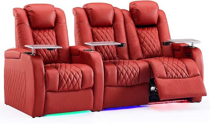 Weilianda Home Theater Seating Top Grain Leather Zero Gravity Recliner Chair Power Headrest Recline Movie Seat Gaming 7 Colors Mood Light Sofa with Tray Table USB Charge Row of 3 Loveseat Right Red