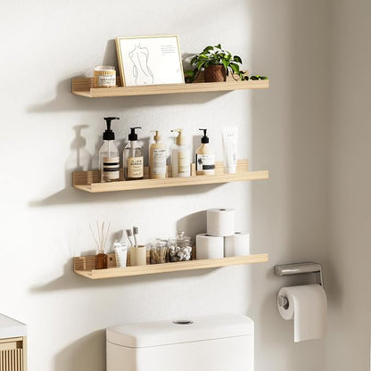 upsimples Floating Shelves for Wall, 23.6 Inch Shelves for Decor Storage Set of 6, Wall Mounted Wood Shelf for Bedroom, Living Room, Bathroom, Kitchen, Long Picture Ledge Shelves, Natural