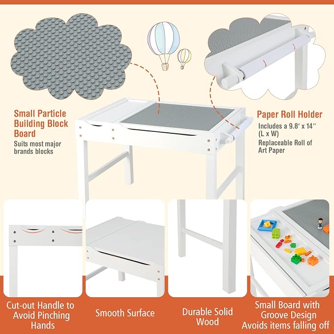 Costzon Kids Table, 3 in 1 Wood Building Block Desk w/Storage, Paper Roll, Reversible Tabletop for Toddler Arts, Crafts, Drawing, Reading, Playing, Gift for Boys Girls, Activity Table (White)