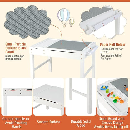 Costzon Kids Table, 3 in 1 Wood Building Block Desk w/Storage, Paper Roll, Reversible Tabletop for Toddler Arts, Crafts, Drawing, Reading, Playing, Gift for Boys Girls, Activity Table (White)