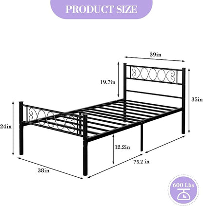 GarveeHome Twin Size Bed Frame, Metal Platform Bed Frame with Headboard and Footboard, 12.2 in Bed Frame with Strong Metal Slats Support, Under Bed Storage, No Box Spring Needed, Black