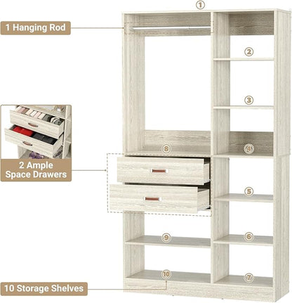 Armocity Freestanding Closet System, 40 Inches Stand-Alone Wardrobe with 10 Shelves, 80'' Height Adjustable Cloth Garment Rack with 2 Wood Drawers, Wood Walk-in Closet with Hanging Rod, White Oak