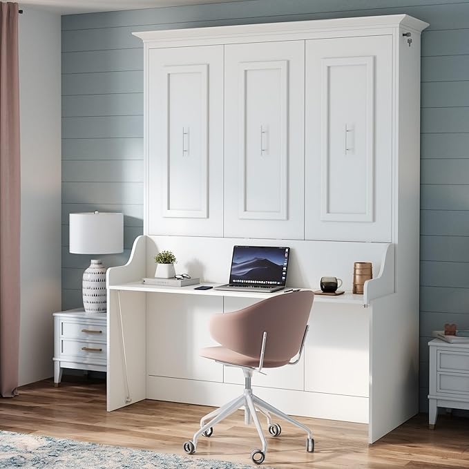 Xtraroom Alegra Full Murphy Bed with Desk | Engineered and Solid Wood Construction | Smooth Painted Finish - NO Melamine Used | Perfect for a Home Office Guest Bed (Warm White)