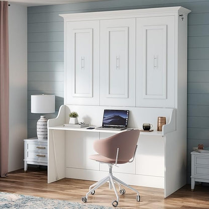 Xtraroom Alegra Full Murphy Bed with Desk | Engineered and Solid Wood Construction | Smooth Painted Finish - NO Melamine Used | Perfect for a Home Office Guest Bed (Warm White)