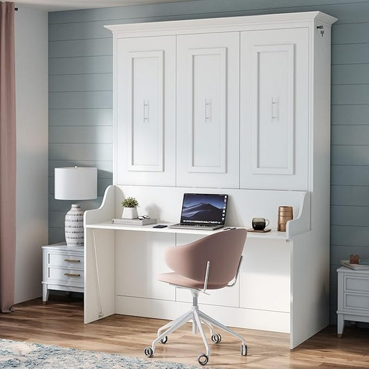 Xtraroom Alegra Full Murphy Bed with Desk | Engineered and Solid Wood Construction | Smooth Painted Finish - NO Melamine Used | Perfect for a Home Office Guest Bed (Warm White)