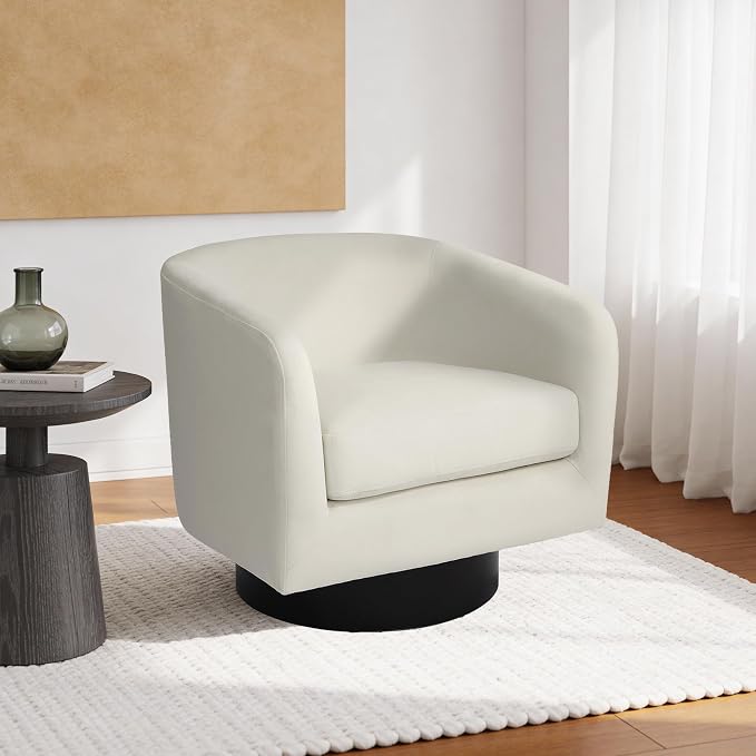 Swivel Barrel Accent Chair, Modern Round Chenille Fabric Arm Chair for Living Room, Bedroom, Comfy Club Reading Chairs for Adults（Velvet Ivory, Set of 1
