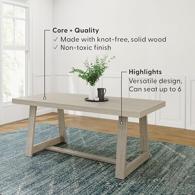 Plank+Beam 72 Inch Farmhouse Dining Table, Solid Wood Rustic Kitchen Table, Large Wooden Rectangular Dinner Table for Dining Room, Home Office, Living Room Furniture, Easy Assembly, Seashell Wirebrush
