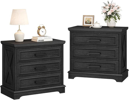 knoworld 24 Inch Wide Farmhouse Nightstands Set of 2 with Charging Station, Dark Gray Nightstand with 3 Large Drawers, Rustic Wood End Table for Bedroom