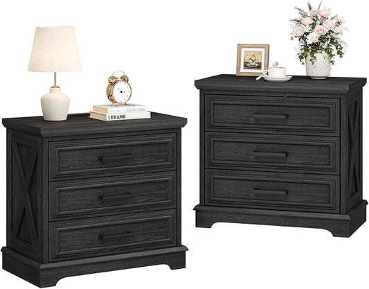 knoworld 24 Inch Wide Farmhouse Nightstands Set of 2 with Charging Station, Dark Gray Nightstand with 3 Large Drawers, Rustic Wood End Table for Bedroom