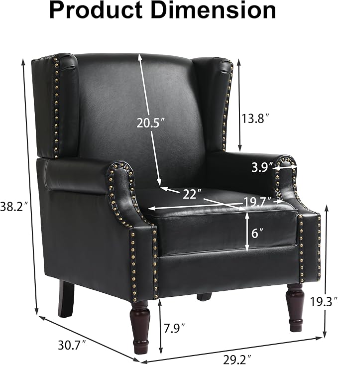Pia Ricco High Back Floral Accent Chair - Retro Wingback Upholstered Armchair in Faux Leather, Nailhead Trim & Solid Wood Legs for Living Room Bedroom Reading Chair（Black