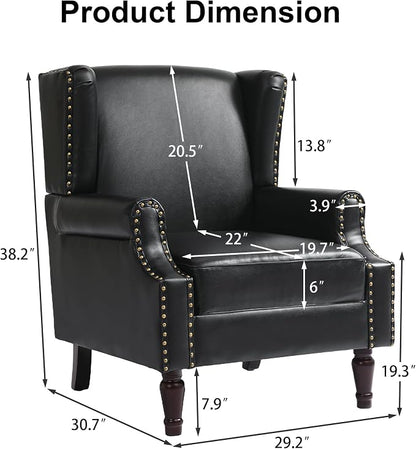 Pia Ricco High Back Floral Accent Chair - Retro Wingback Upholstered Armchair in Faux Leather, Nailhead Trim & Solid Wood Legs for Living Room Bedroom Reading Chair（Black