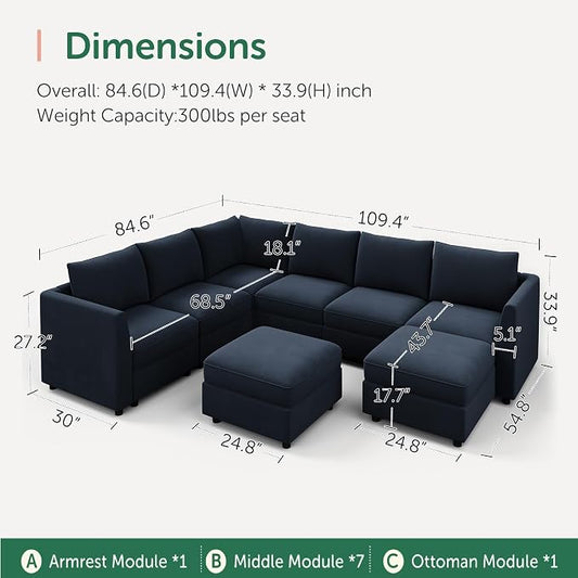 HONBAY Oversized Modular Sectional Sofa with Storage U Shape Sectional Sofa Set Velvet Sectional Couches for Living Room,Dark Blue