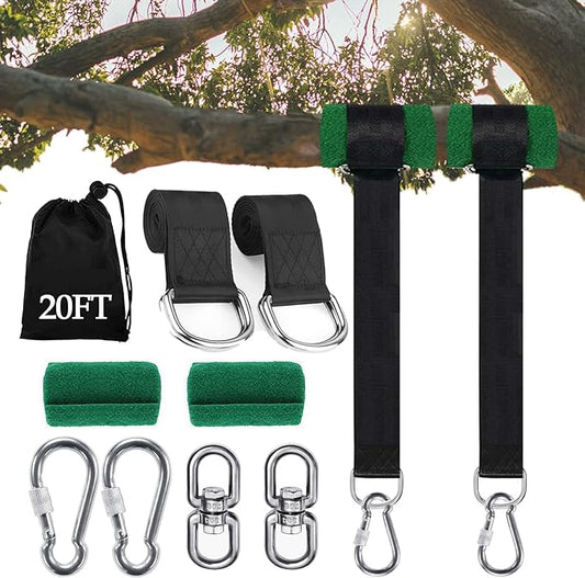 Tree Swing Straps Hanging Kit (Set of 2), 3FT/8FT/10FT/20FT/30FT Tree Swing Straps Holds 5000 lbs with Tree Protector, Heavy Duty Carabiner and Swivel Perfect for Swings & Hammocks(20 FT)
