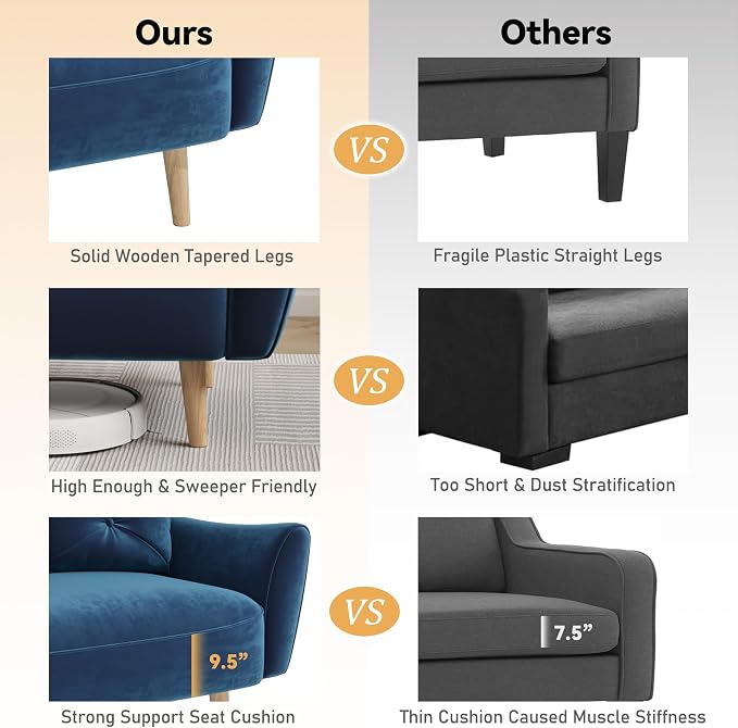 Brelice Loveseat Sofa, 47" Velvet Couch for Bedroom, Convertible Wooden Tray & Ergonomic Armrest, for Small Space, Apartment, Living Room, Home Office, Easy Assembly, Blue