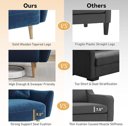 Brelice Loveseat Sofa, 47" Velvet Couch for Bedroom, Convertible Wooden Tray & Ergonomic Armrest, for Small Space, Apartment, Living Room, Home Office, Easy Assembly, Blue