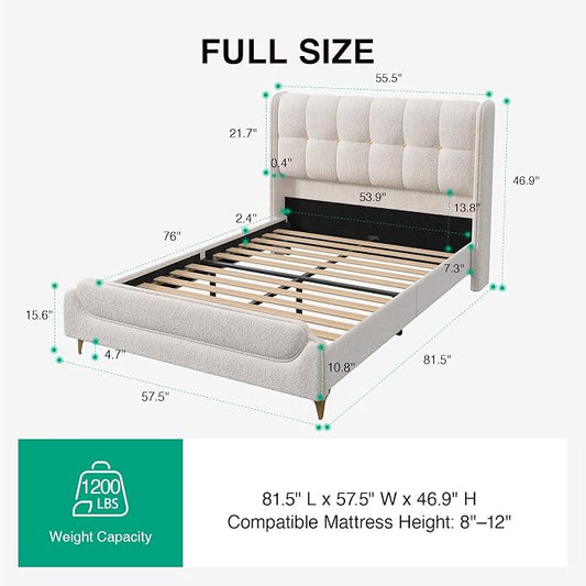 Novilla Full Size Bed Frame with Charging Station & LED Lights, Upholstered French Luxury Platform Bed with Wingback Headboard, Lamb Wool Fabric, No Box Spring Needed, Easy Assembly, Cream White