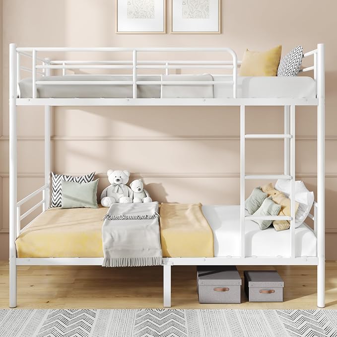 Bunk Bed Twin Over Twin with Ladders and Guardrail,Metal Bunk Bed Frame | Heavy Duty Metal Bunk Beds,400 lbs Capacity,Space Saving Furniture for Bedroom Dorm,No Spring Box Required,White