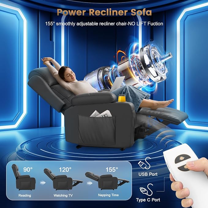 Power Recliner Chair, Home Theater Seating with Heat Massage, Reclining Sofa RV Single Chair, Wall Hugger RV Movie Theater Chairs, RV Furniture Sofas with USB, Cup Holders, Pockets for Gaming Room