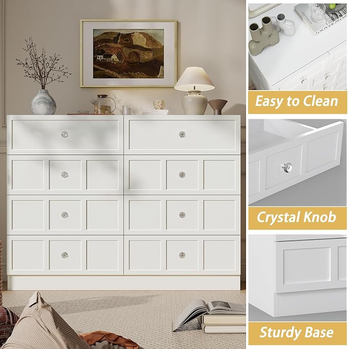 8 Drawer Dresser for Bedroom: 47" White Chest of Drawers with Deep Drawers, Tall Fluted Dresser with Storage, Modern Wood Dressers for Bedroom, Living Room