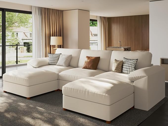 EASE MOOSE Oversized Faux Leather Modular Sofa with Deep Seat,Extra Large Sectional U Shaped Couch for Living Room,Comfy Scratch Resistant Couch,Modern Sofas with Ottoman,Beige