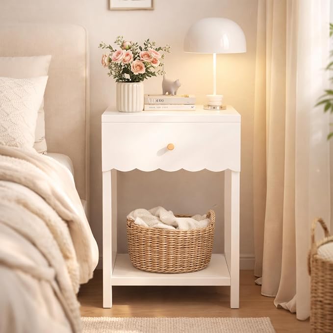 Cute White Nightstand with Drawer and Open Shelf, Scalloped Edge Design Bedroom Bedside Table, Wood End Table for Kids Girls Bedroom, White