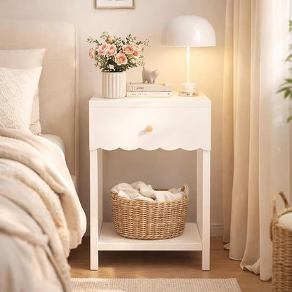 Cute White Nightstand with Drawer and Open Shelf, Scalloped Edge Design Bedroom Bedside Table, Wood End Table for Kids Girls Bedroom, White